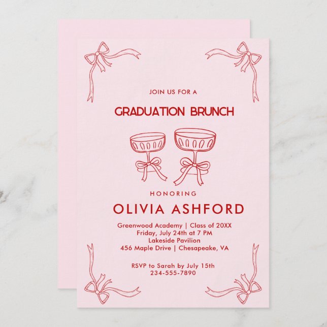 Invitación Graduación de Brunch Elegante Rojo y Rosa (Anverso / Reverso)