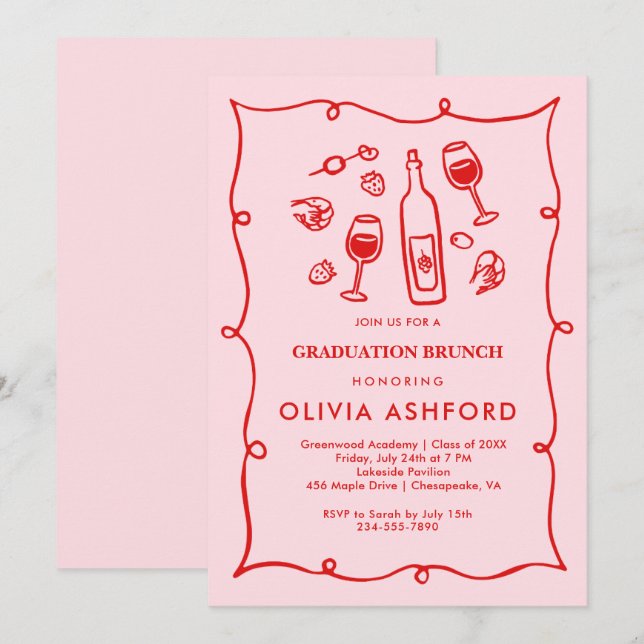 Invitación Graduación de Brunch Elegante Rojo y Rosa (Anverso / Reverso)