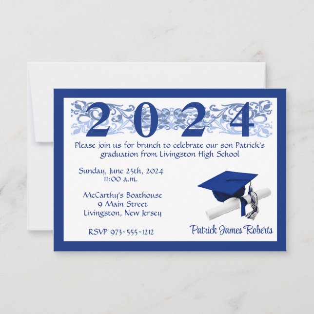 Invitación Graduación de Cabo y Diploma, Blanco y Azul Real (Anverso)