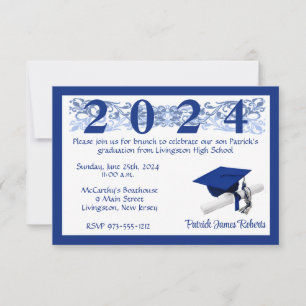 Invitación Graduación de Cabo y Diploma, Blanco y Azul Real