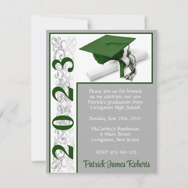 Invitación Graduación de Cabo y Diploma, Verde y Gris (Anverso)