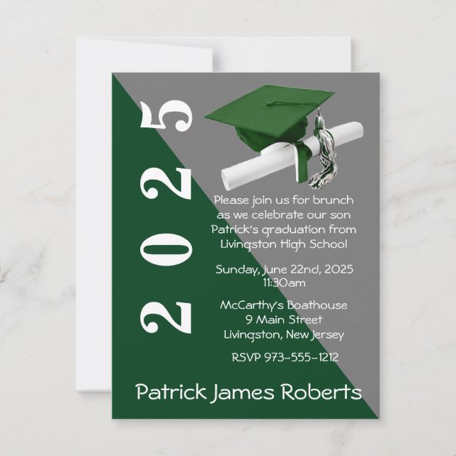 Invitación Graduación de Cabo y Diploma, Verde y Gris (Anverso)