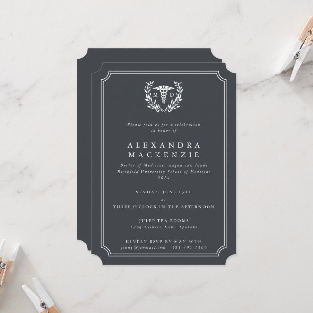 Invitación Graduación de Caduceo MD Gris/Blanco (Anverso/Reverso In Situ)