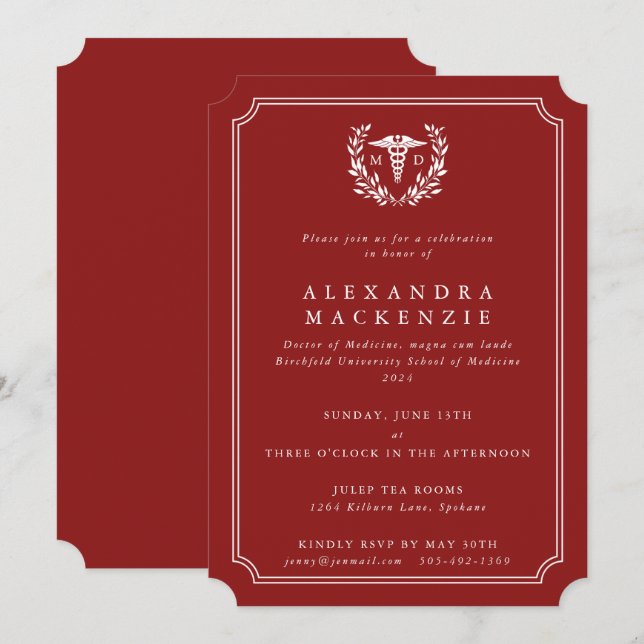 Invitación Graduación de Caduceo MD Rojo/Blanco (Anverso / Reverso)