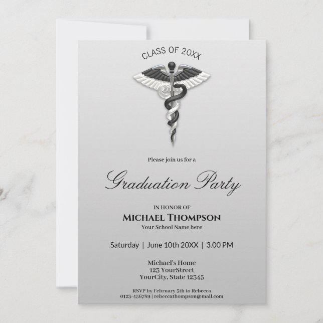Invitación Graduación de Caducto Blanco Negro Elegante Médico (Anverso)