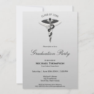 Invitación Graduación de Caducto Blanco Negro Elegante Médico