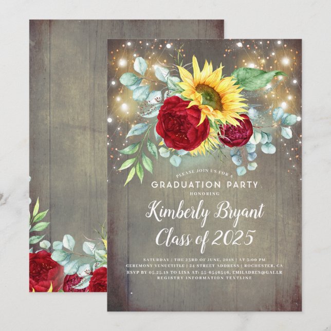 Invitación Graduación de caída del girasol rojo borgoñoso (Anverso / Reverso)