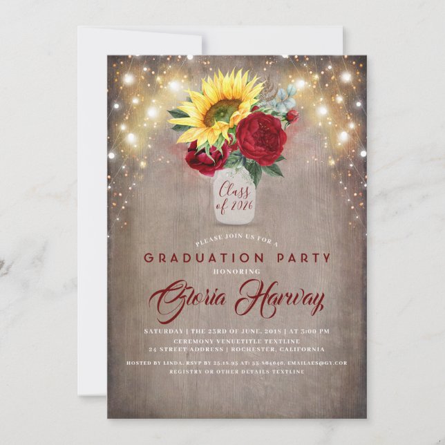 Invitación Graduación de caída del girasol rojo borgoñoso (Anverso)