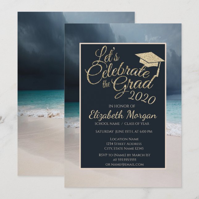 Invitación Graduación de Cap de Purpurina de playa (Anverso / Reverso)