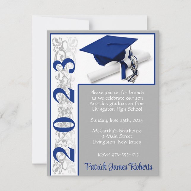 Invitación Graduación de Cap & Diploma, azul y gris (Anverso)