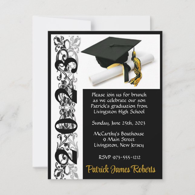 Invitación Graduación de Cap & Diploma, Black & Gold (Anverso)