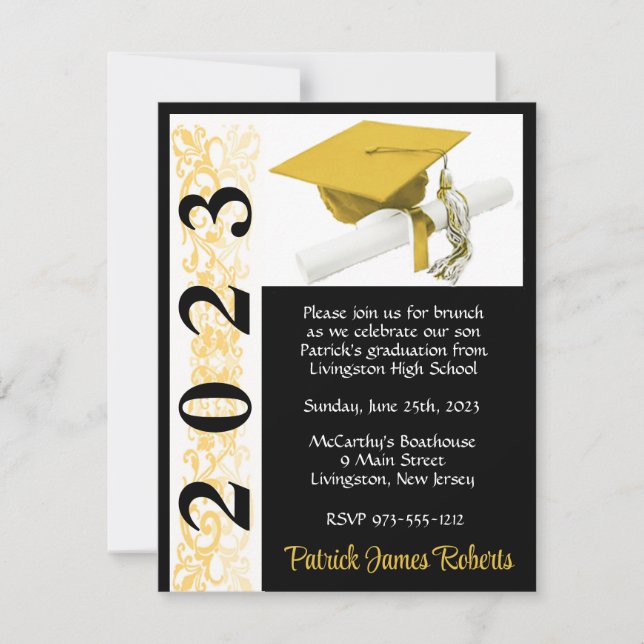 Invitación Graduación de Cap & Diploma, Black & Gold (Anverso)