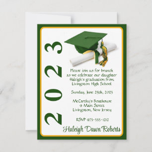 Invitación Graduación de Cap & Diploma, Green & Gold