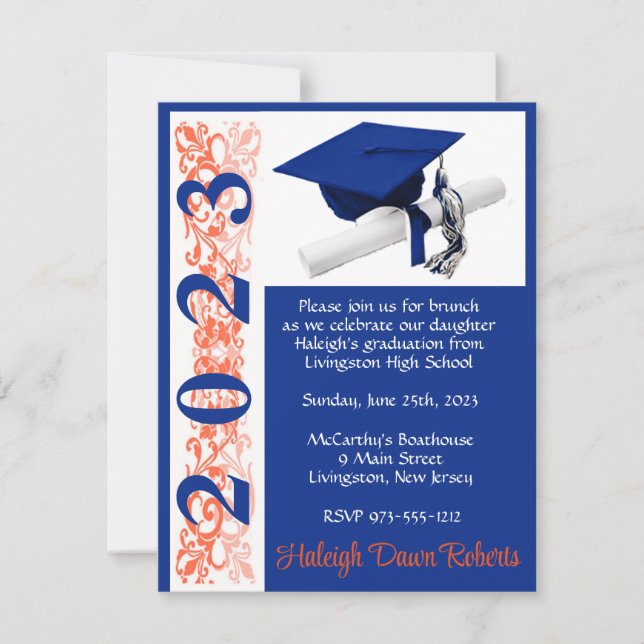 Invitación Graduación de Cap & Diploma, Naranja y azul (Anverso)
