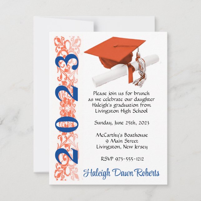 Invitación Graduación de Cap & Diploma, Naranja y azul (Anverso)