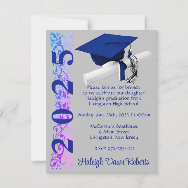 Invitación Graduación de Cap & Diploma, Royal Blue & Purple H (Anverso)
