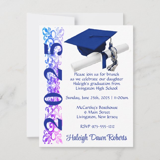 Invitación Graduación de Capa y Diploma, Morado y Azul (Anverso)