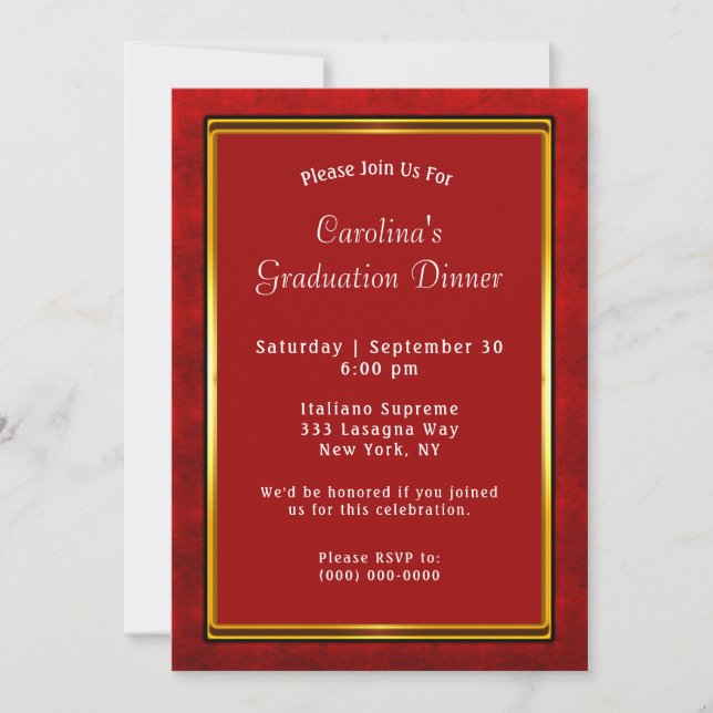 Invitación Graduación de cena de marco dorado rojo (Anverso)