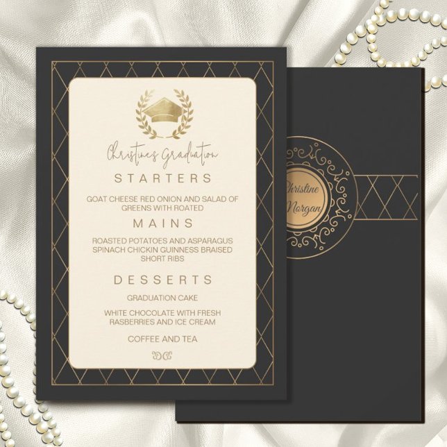 Invitación Graduación de Cena Romántica Ornate Elegante de Or (#graduation #graduationdinner #gradparty #zazzleinvitation #classic #vintage #gold #cap #capgrad)