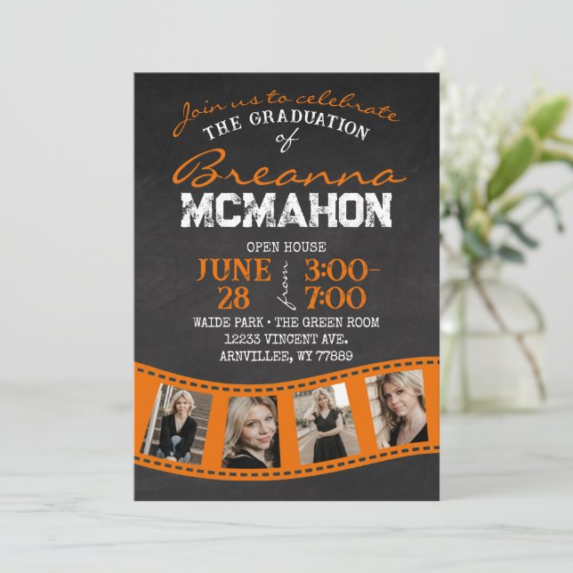 Invitación Graduación de Chalkboard de naranja Filmstrip (Anverso de pie)