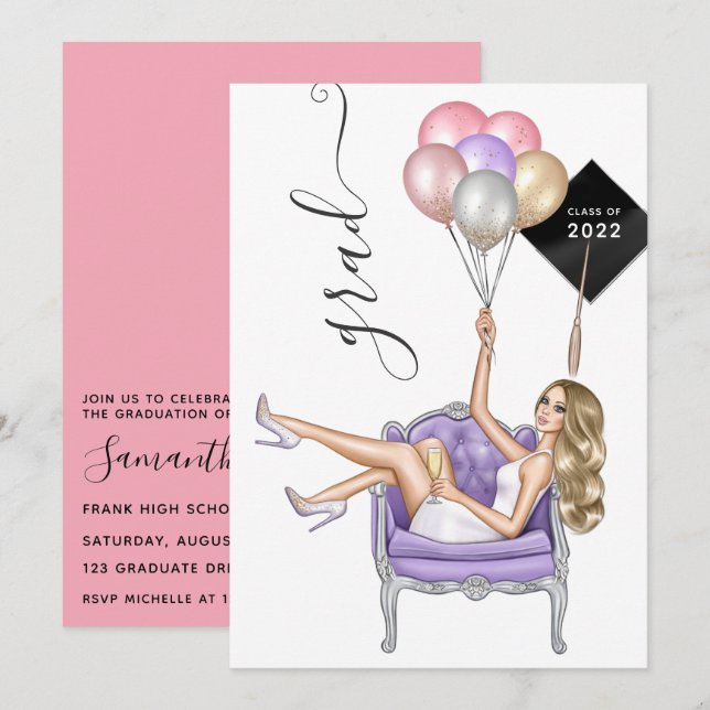 Invitación Graduación de Chica de globo de lona rosa y púrpur (Anverso / Reverso)