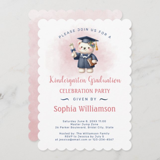 Invitación Graduación de Chica de kindergarten Teddy Bear (Anverso / Reverso)