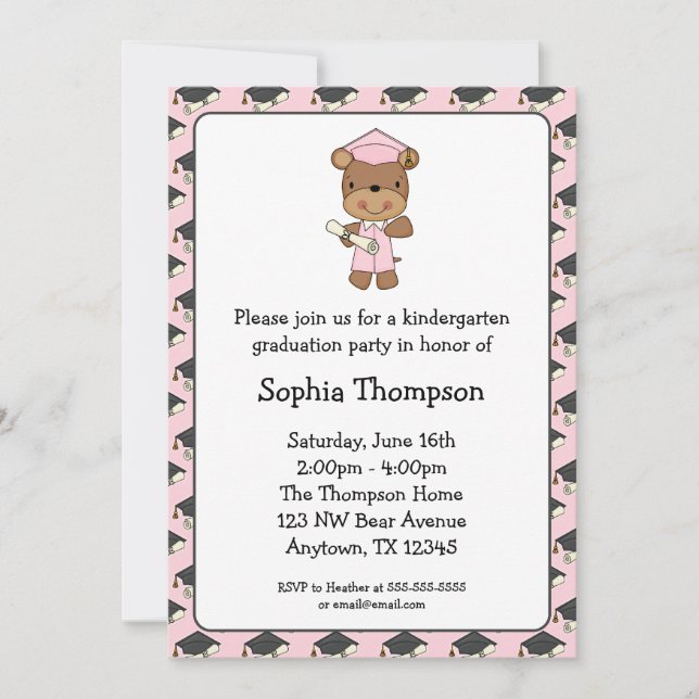 Invitación Graduación de Chica de oso de Diploma Rosa (Anverso)