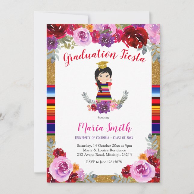 Invitación Graduación de Chica floral mexicano Fiesta (Anverso)