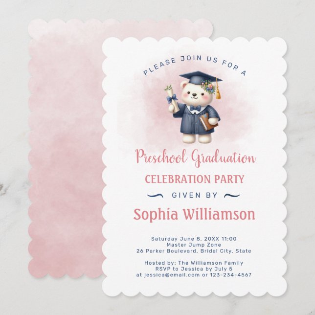Invitación Graduación de Chica preescolar Teddy Bear (Anverso / Reverso)