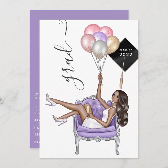 Invitación Graduación de Chicas afroamericanos negros y morad (Anverso / Reverso)