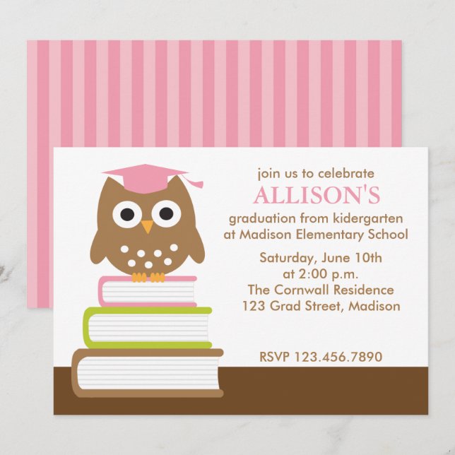 Invitación Graduación de Chicas Lechuza Rosada (Anverso / Reverso)