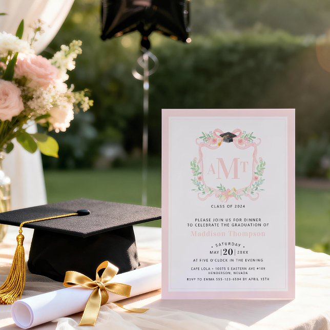 Invitación Graduación de cinta | 3 letras Monograma rosa Escu (Subido por el creador)