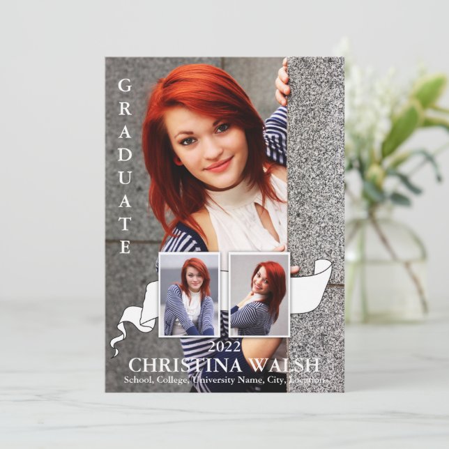 Invitación Graduación de cinta blanca de fotos Keepsake 3 (Anverso de pie)