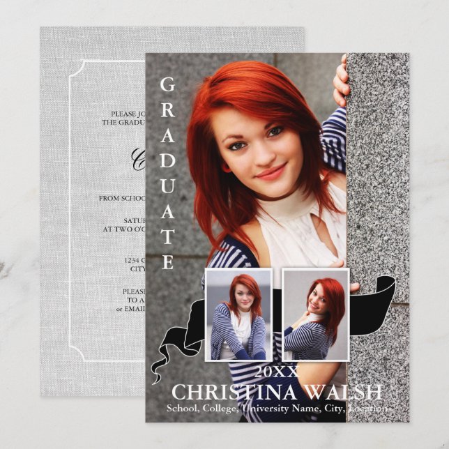 Invitación Graduación de cinta negra de foto Keepsake 3 (Anverso / Reverso)