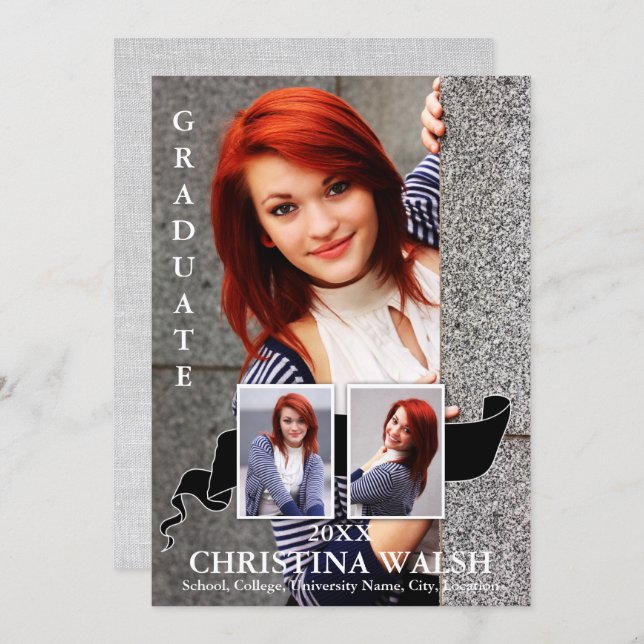 Invitación Graduación de cinta negra de foto Keepsake 3 (Anverso / Reverso)