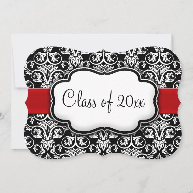 Invitación Graduación de cinta roja de damasco blanco/negro (Anverso)