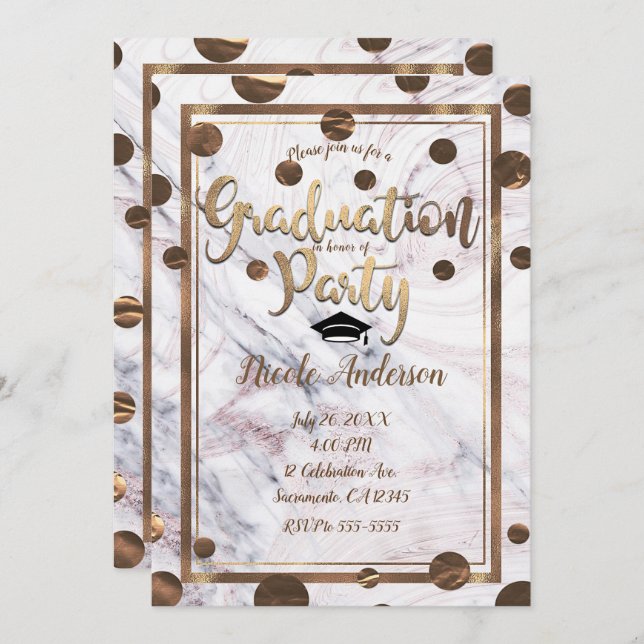 Invitación Graduación de cobre en bronce de Swirl Rosa Gold M (Anverso / Reverso)