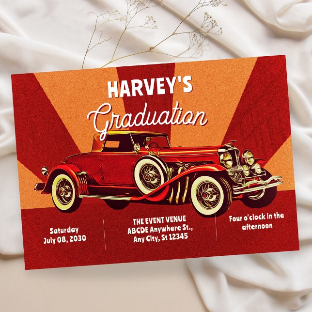 Invitación Graduación de coche clásico retro rojo (Subido por el creador)
