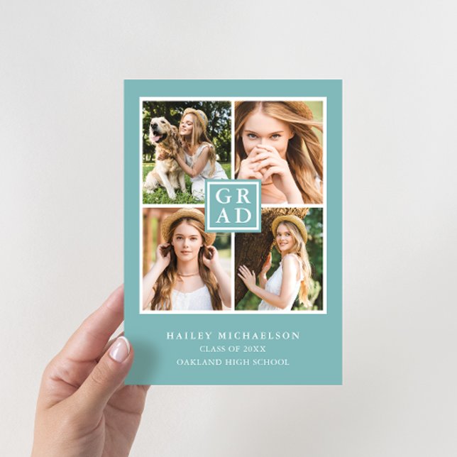 Invitación Graduación de Collage de fotos azul y blanco Aqua (Subido por el creador)