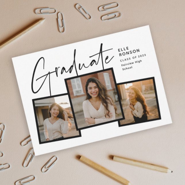 Invitación Graduación de Collage de fotos de Graduación de Sc (Modern Script Graduate Black and White Photo Collage Graduation Invitation.)