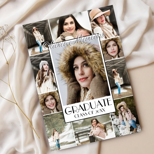 Invitación Graduación de Collage de fotos de Graduado en negr (Modern Stylish Photo Collage Graduation Announcement Invitation for High School College Graduate)