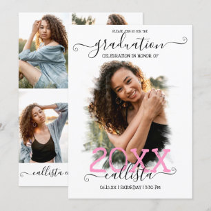 Invitación Graduación de Collage de fotos de Halo Rosado Negr