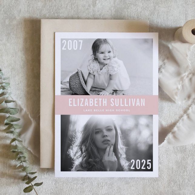 Invitación Graduación de Collage de fotos de Rubor Pink Now y (Customizable 'Then and Now' Photo Graduation Invitation with blush background – Personalized Invite)