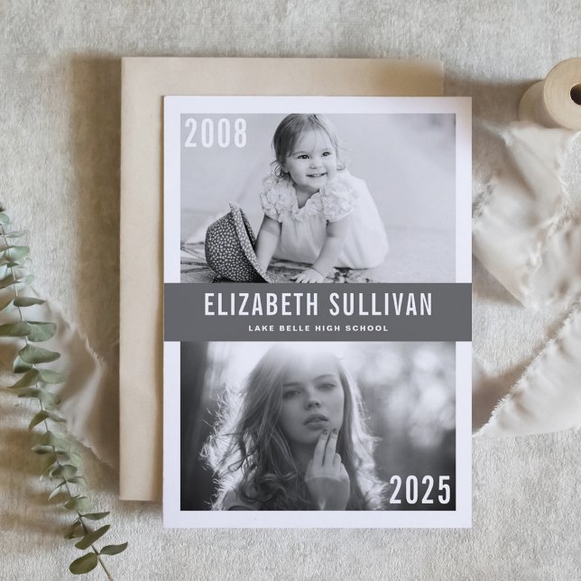 Invitación Graduación de Collage de fotos gris entonces y aho (Customizable then and now photo collage graduation invitation featuring modern lettering. )