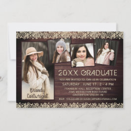 Invitación Graduación de Collage de fotos Rústico Wood Lace 5