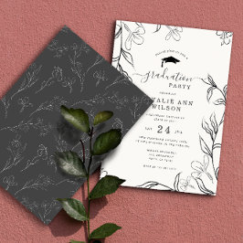 Invitación Graduación de color beige floral delgada con esboz