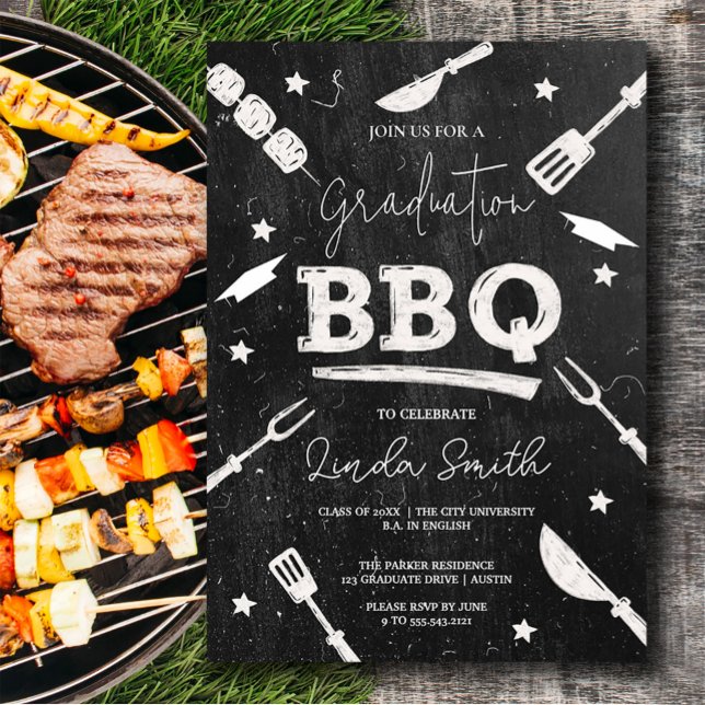 Invitación Graduación de color blanco negro BBQ (Black White Watercolor Graduation BBQ Invitation #zazzlemade #bbqparty #graduationinvitation)