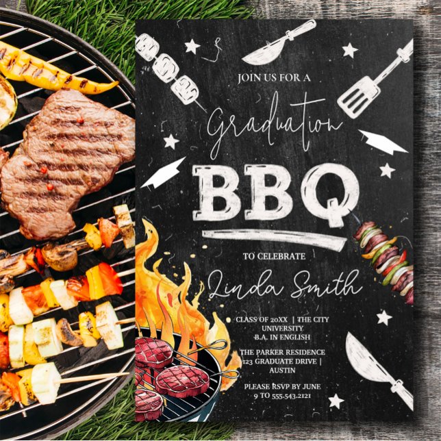 Invitación Graduación de color blanco negro BBQ (Black White Watercolor Graduation BBQ Invitation #zazzlemade #bbqgraduation #bbqparty #graduate2025)