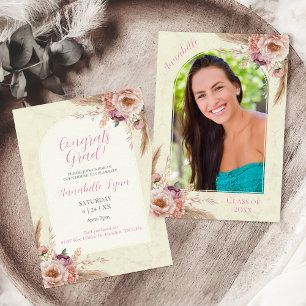 Invitación Graduación de color de agua beige y boho rosa