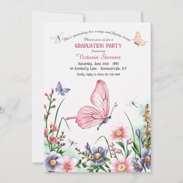 Invitación Graduación de color de agua de mariposa (Anverso)